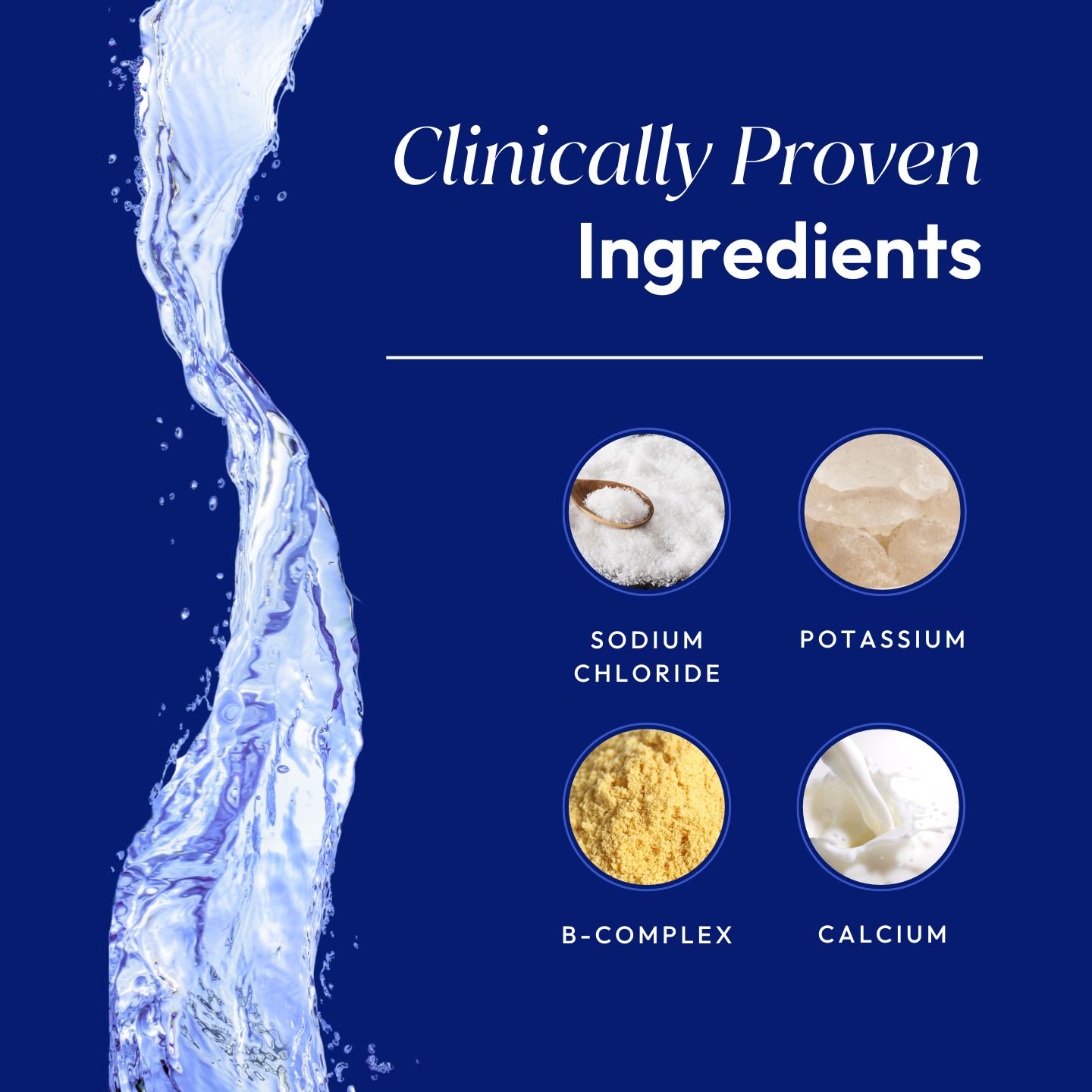 Clinically proven ingredients: sodium chloride, potassium, B-complex, calcium.