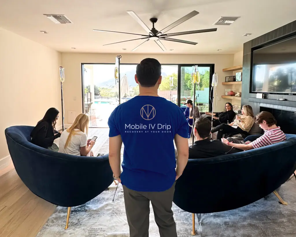 Mobile IV Drip service in living room setting.