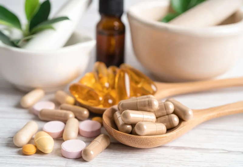 Various dietary supplements and pills on spoons.