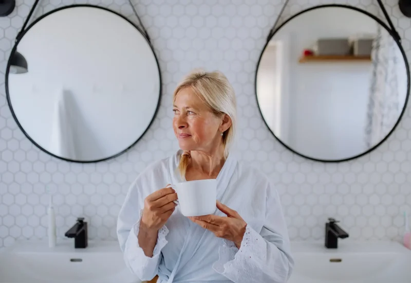 Beautiful senior woman in bathrobe drinking tea in bathroom, relax and wellness concept.