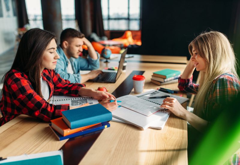 Students studying together at a wooden table.