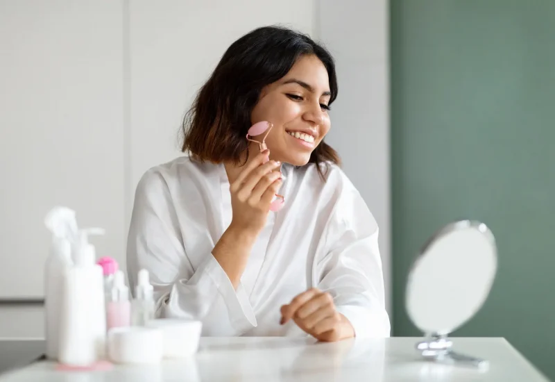 Happy woman using natural stone massager, enjoying healthy glowing skin