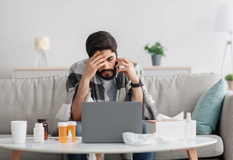 Sick millennial arab man covered in blanket sitting on couch, having conversation on phone while