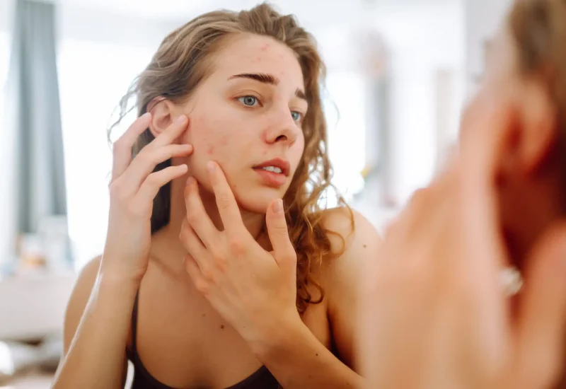 Woman examining acne in mirror